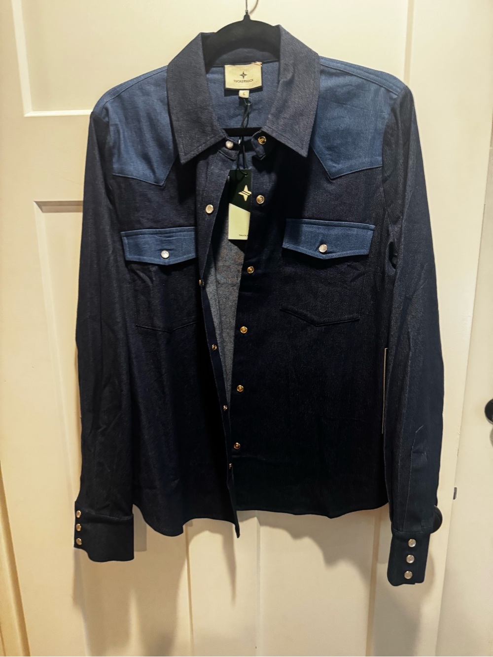 Tuckernuck Dark Indigo Denim Button down shirt with Gold Pearl Snap Buttons
